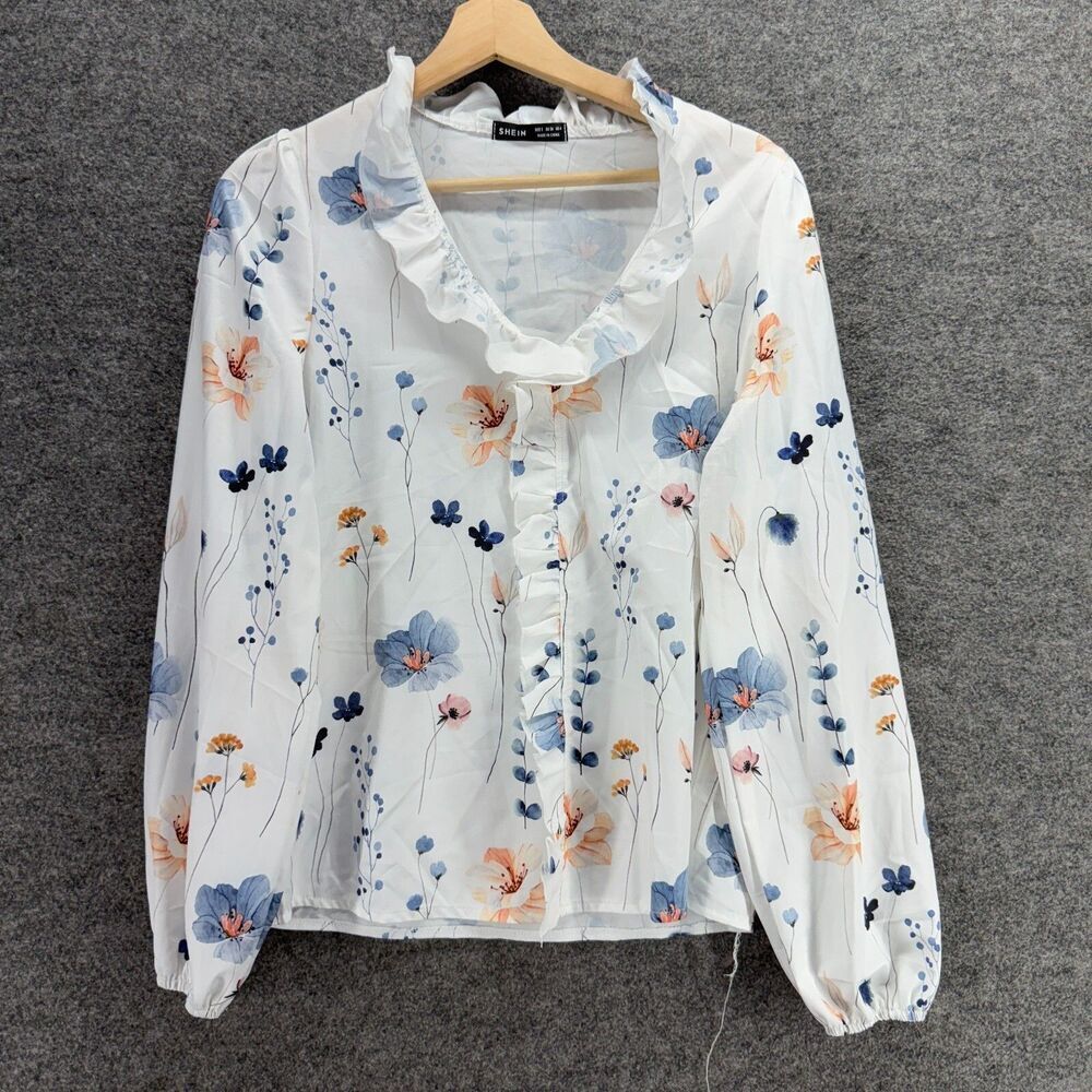 SheIn Blouse Women S Small White Floral V-Neck Long Sleeve Pullover Casual